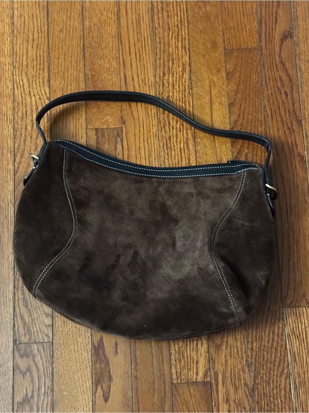 Cole Haan Dark Brown Suede Shoulder Bag with Black Strap